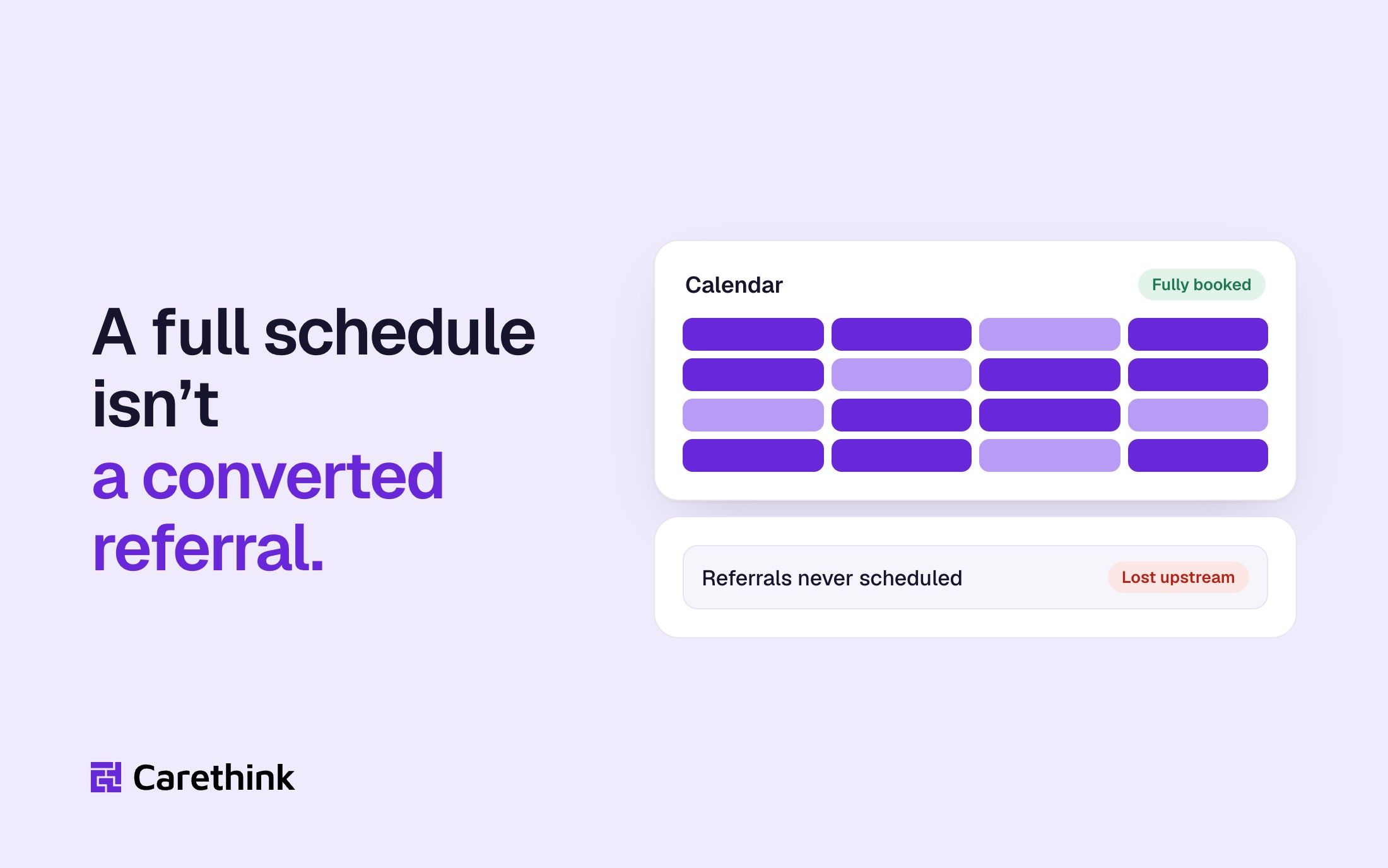 Graphic: a fully booked calendar beside referrals still lost before they are scheduled